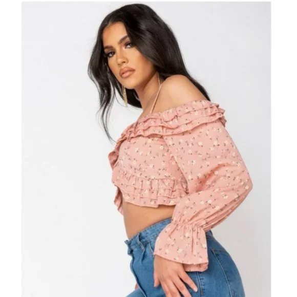 Pink Ditsy Floral Print Long Sleeve Cold Shoulder Ruffle Crop Top - Picture 5 of 15